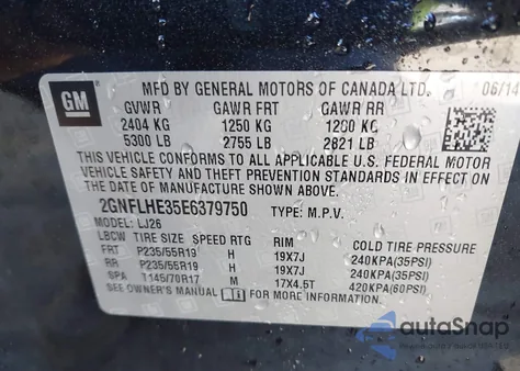 2014 Chevrolet Equinox Ltz z USA, uszkodzony, nr VIN 2GNFLHE35E6379750